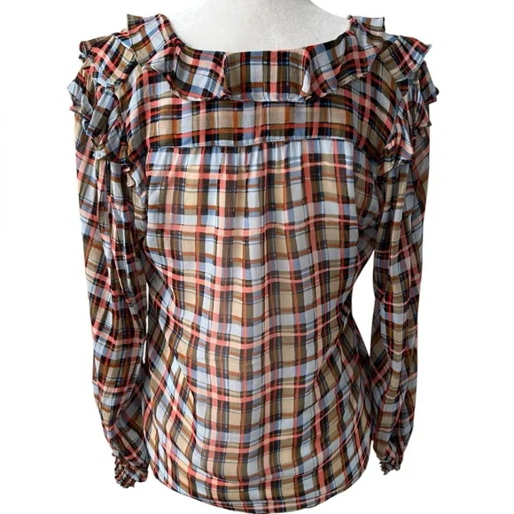 Anthropologie Maeve Laila Plaid Ruffle Wrap Blouse Boho Cottagecore Top Size 4 - Picture 6 of 11